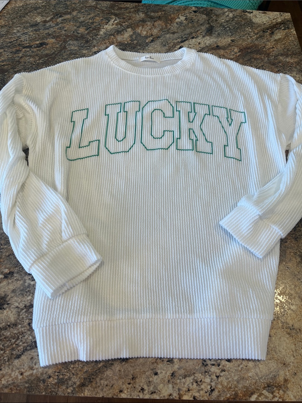 White 'LUCKY' Waffle Knit Crew top